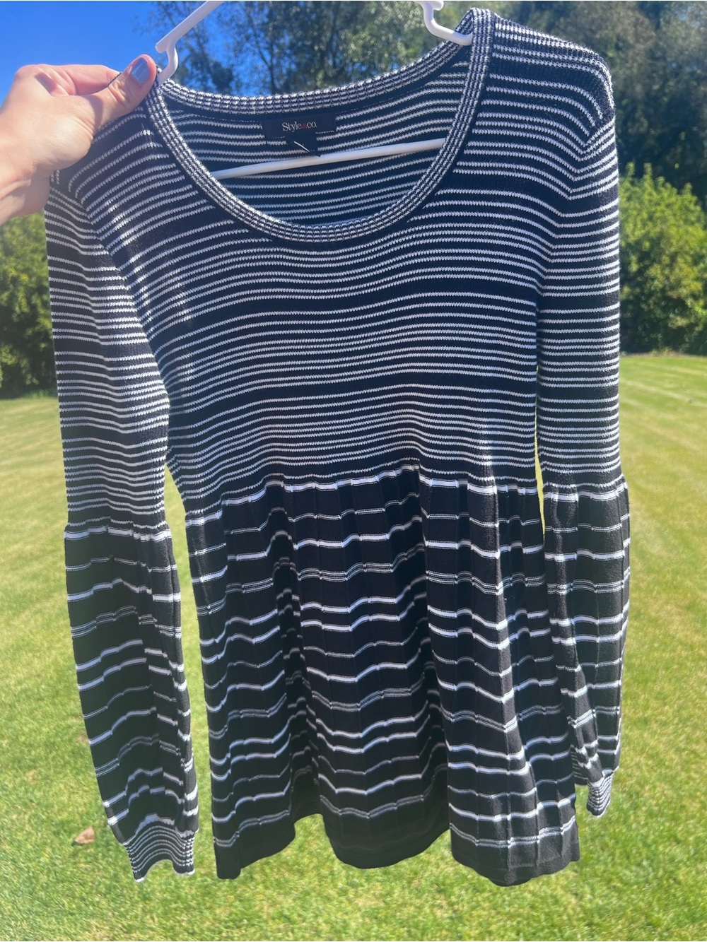 Style & Co. Black & White Striped Babydoll Knit Peplum Sweater Top M